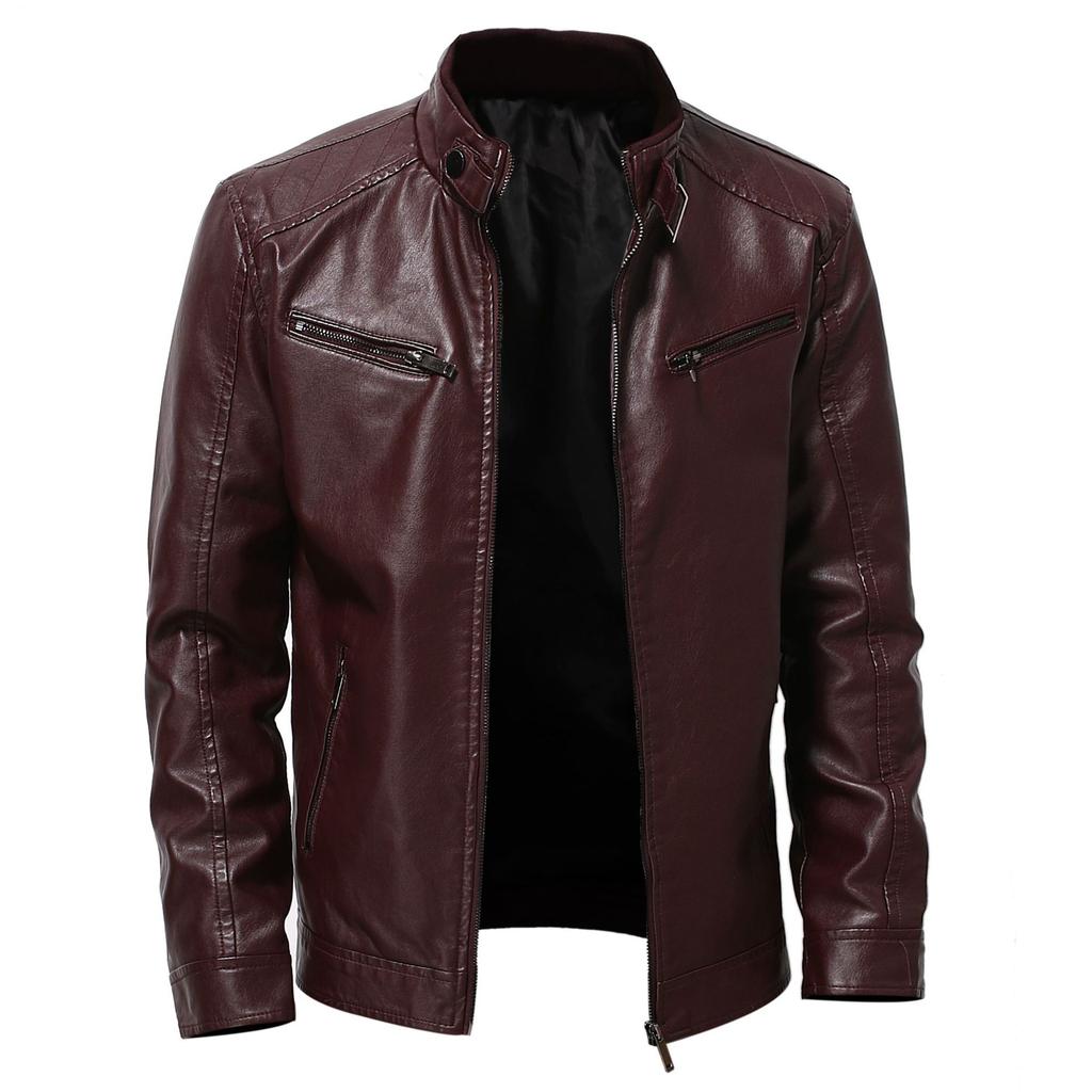Ji Business Gentleman Warm Zip Cardigan Pocket Decorative PU Leather Jacket Stand-Up Collar Slim Leather Jacket