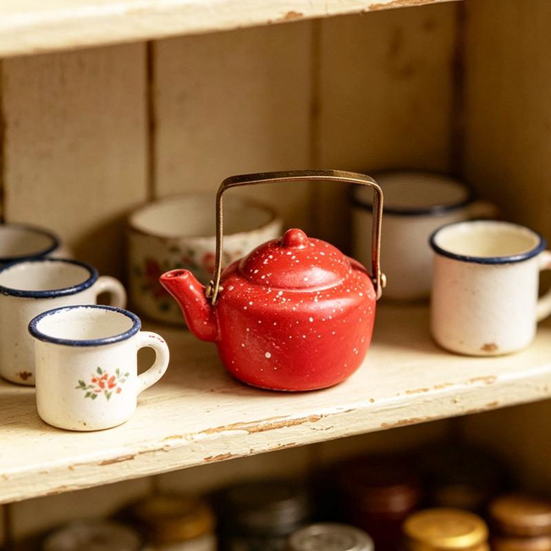 Classic 1:12 Scale Miniature Enamel Kettle for Dollhouse Kitchen Retro Design