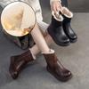 Retro Wool Warm Short Boots Genuine Leather Round Toe Side Zipper Thick Bottom Women's Shoes