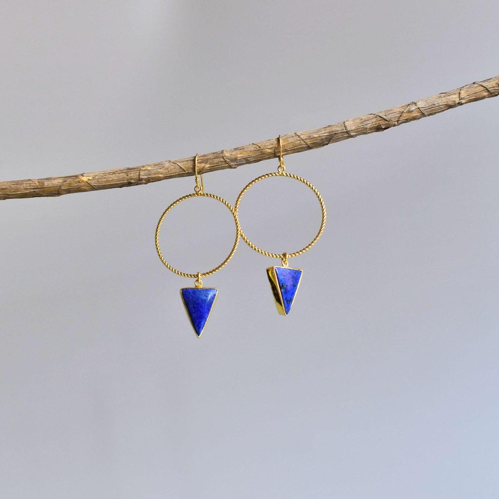 Orecchini pendenti a cerchio in lapislazzuli naturale, orecchini fatti a mano in oro 14K, gioielli bohémien con pietre curative per donna, idee regalo uniche