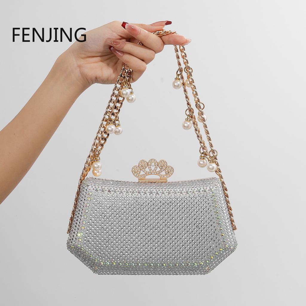Elegant Evening Clutch Sparkling Diamonds Chain Handbags Banquet Bag Rhinestone Handle Glitter Small Square Shoulder Bag Party