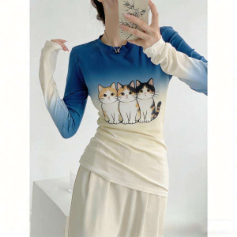 Spring Europe America Cat Leopard Print Fashion Women's T-shirt Pullover Women Long Sleeve Clothing Outdoor Casual Tees Top