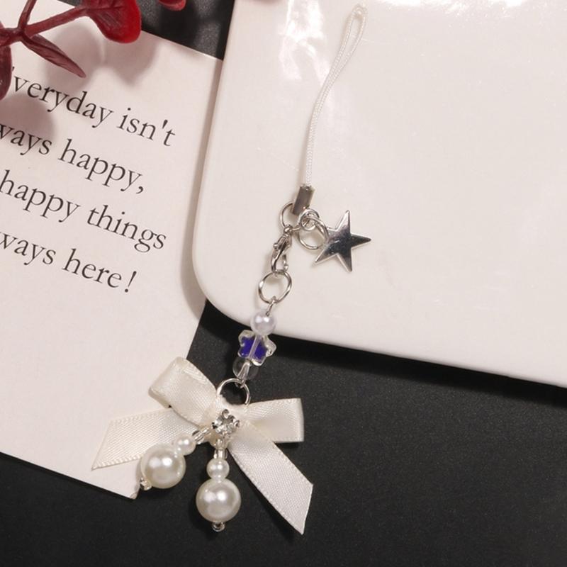 Pearls Beaded Phone Lanyard Bowknot Pendant Wrist Strap Detachable Phone Chain Keyring Portable Accessories for Women
