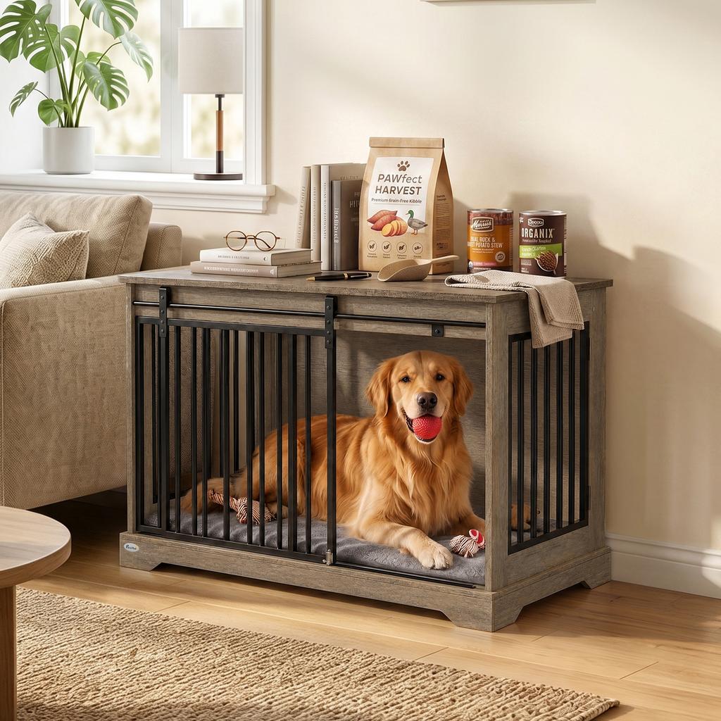 Dog Crate, Wooden and Steel, Sliding Door, Side Table, 100 x 60 x 68 cm, Gray Wood Effect