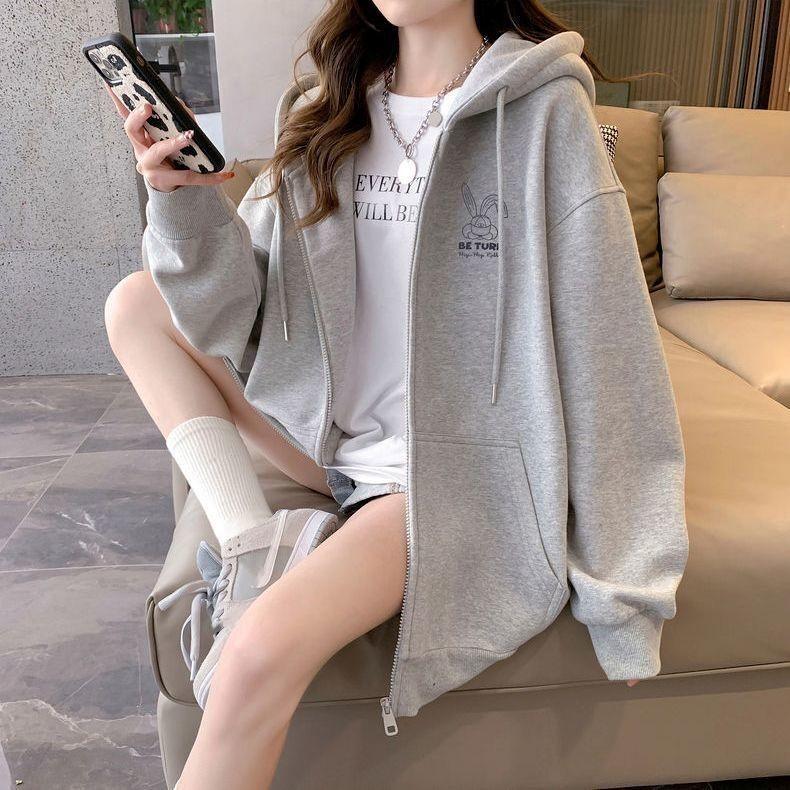 Women's Fall/Winter Korean-Style Sweatshirt Jacket, Loose-Fit, Hooded, Long-Sleeve, Zipper, Student Top