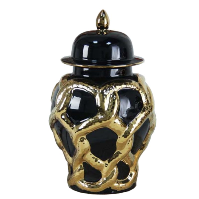 

Ceramic Checkmate Jar Porcelain Craftwork Ginger Jar Flower Vase Gold Cross Cord Ceramic Storage Tank Home Decoration 19.5x19.5x34.5cm