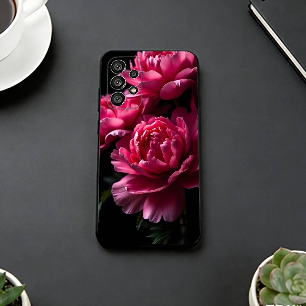 Elegant Peony F-Flower Phone Case Black Silicone Soft For Samsung S25,S24,S21,S22,S23,S30,Ultra,S20,Plus,Fe,Lite