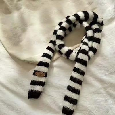 Black Grey Stripe Women Long Scarves Cotton Knitted Decorative Neckerchief Warm Neck Slim Thin Scarf Fashion Streetwear