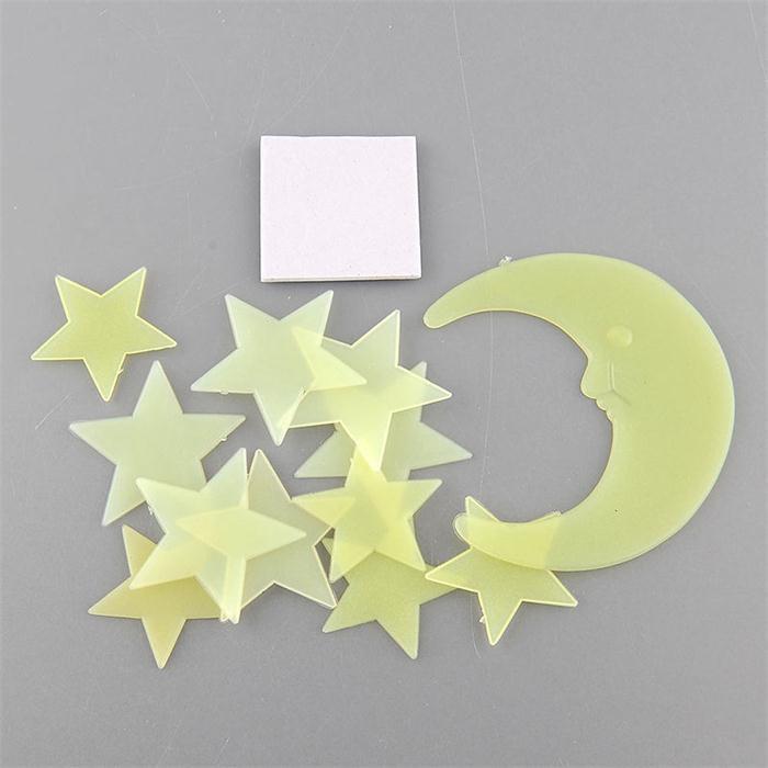 Stars Moon Sun Luminous Glow In The Dark Fluorescent Home Wall Stickers Decal (11 Stars +1 moon)/set