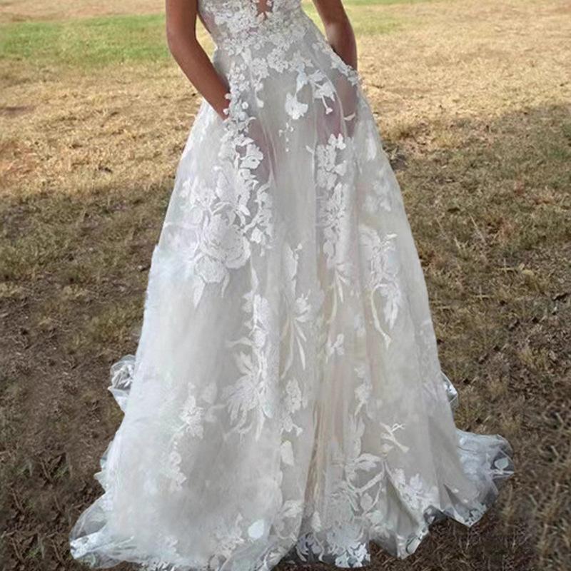 Women's V Neck Sleeveless Maxi Dress Loose Fit Mid Rise Elegant Wedding Dress Lace Bridal Evening Gown