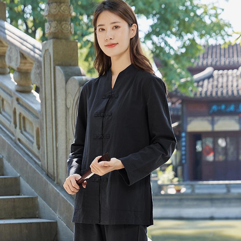 

Женский комплект для медитации и Тайцзи на все сезоны, большого размера: свободная блузка с длинным рукавом + брюки, комплект из двух предметов 2XL чёрный