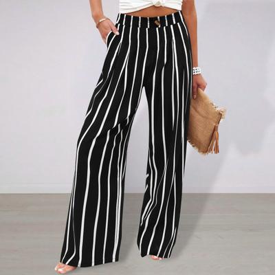 Damenhose mit Knopfleiste, hohe Taille, bedruckt, gerade lange Hose, gestreift, Reißverschluss, lange Hose mit weitem Bein