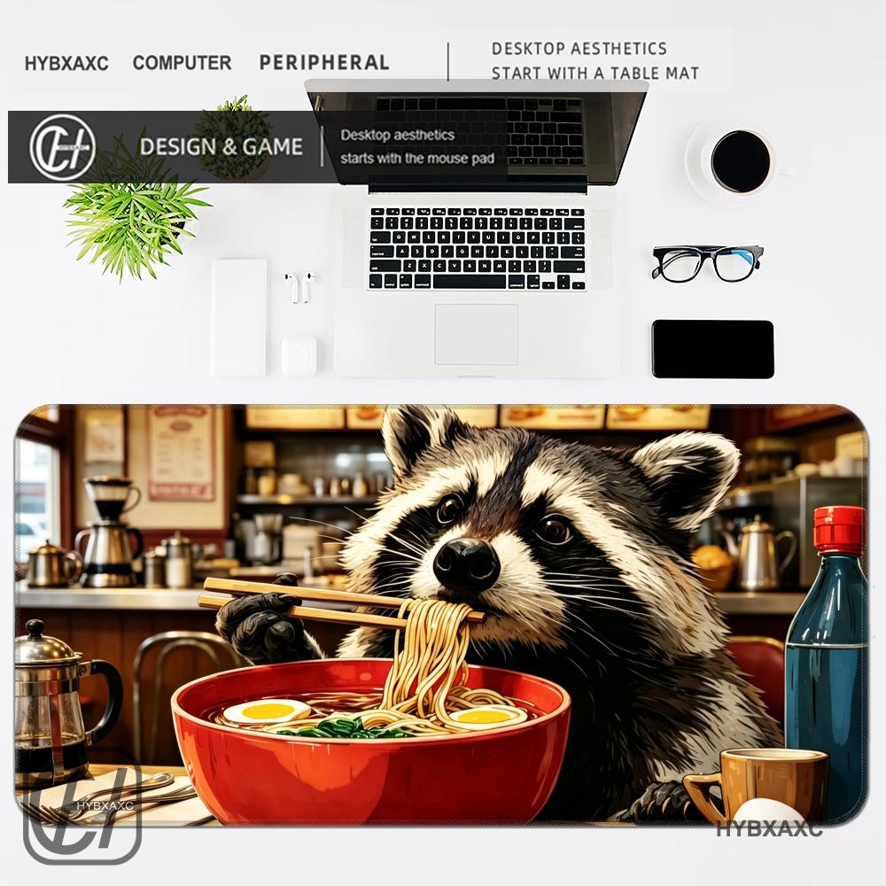 HYBXAXC Cute Raccoon Eating Ramen Mouse Pad NonSlip Waterproof Desk for Gamers Extended Gaming Pad with Funny Cartoon Design 800x400x2mm
