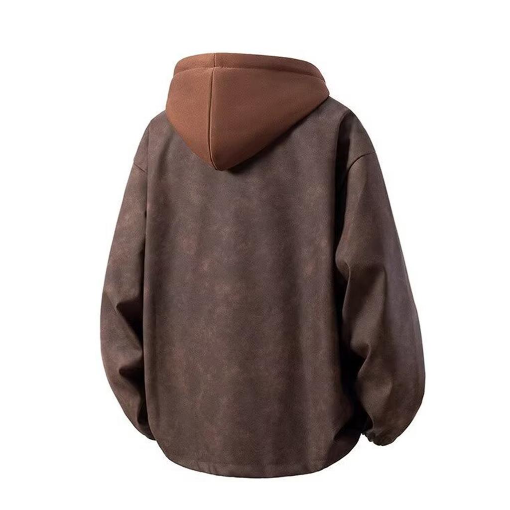 Men's Solid Color Hooded PU Leather Fake Two-piece Vintage Distressed Fabric Metal Decoration Jacket