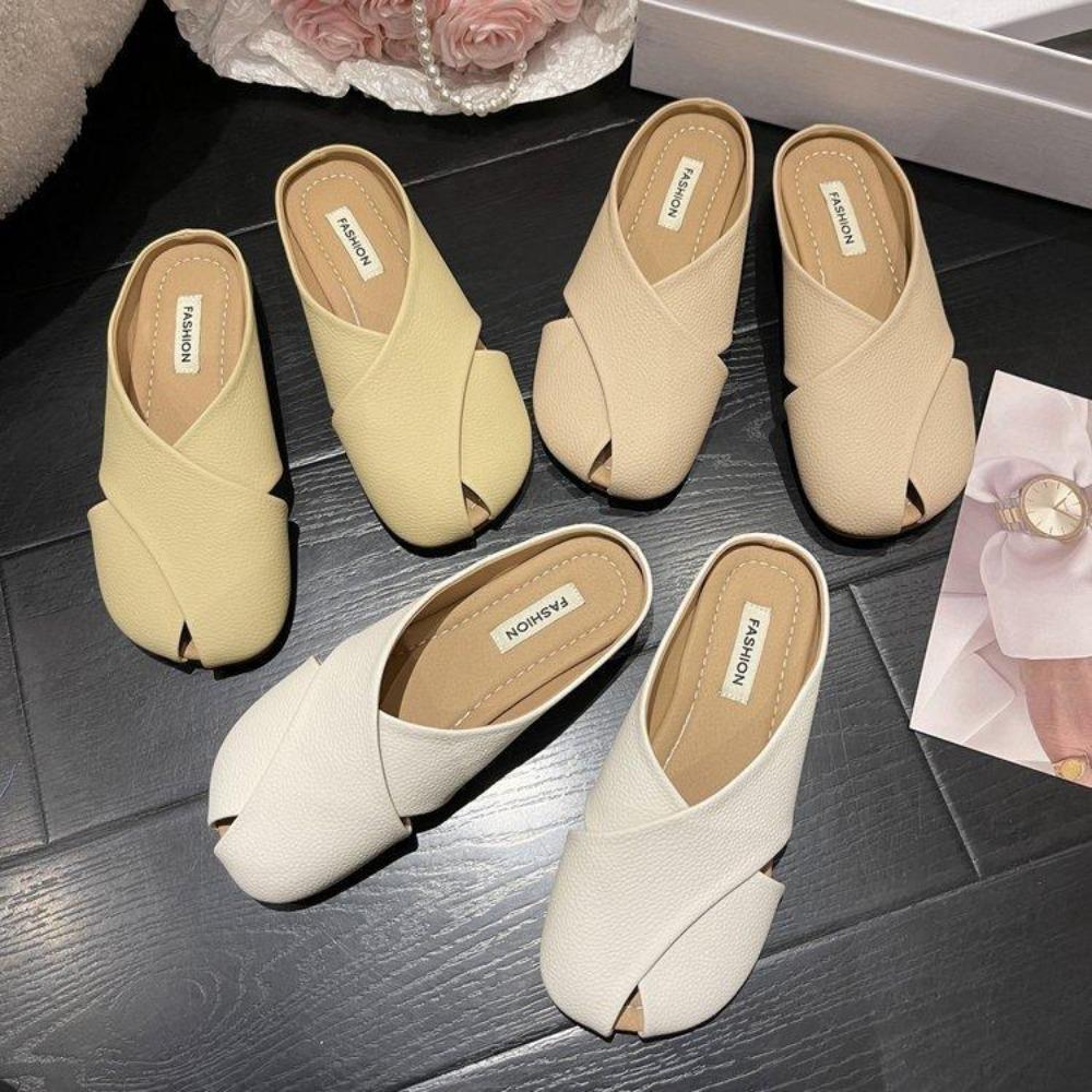Baotou Demi-Pantoufles pour Femmes d'été Vêtements d'extérieur Nouvelles Femmes Enceintes Semelle Souple tricotée Fond Plat Bouche de Poisson Muller Chaussures French Cool Pantoufles