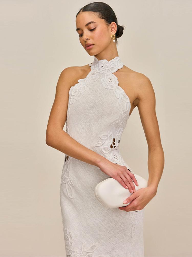 2026 Spring/Summer Elegant Sleeveless Halter Floral Embroidery Linen Dress for Women