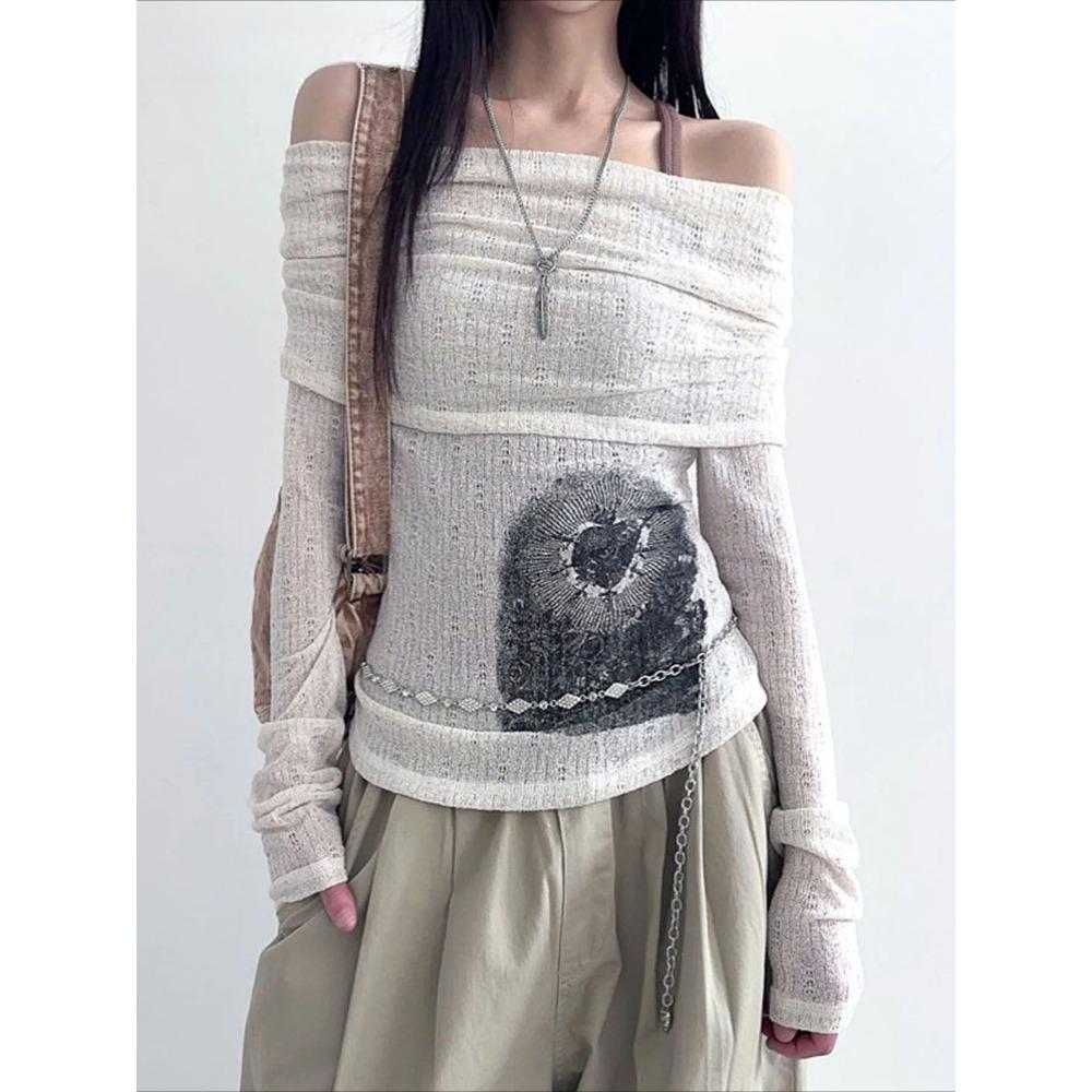 See Through Dark Printed T Shirt Casual Slash Neck Long Sleeve Tees Women Fashion Streetwear Ladies