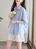 Women's Mid-Sleeve Blue Cotton Shirt - Summer 2025 Loose Slimming Casual Top