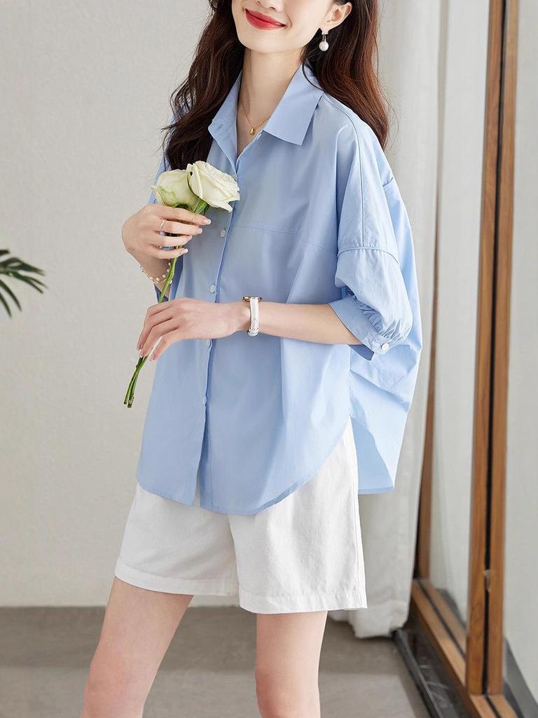 Women's Mid-Sleeve Blue Cotton Shirt - Summer 2025 Loose Slimming Casual Top
