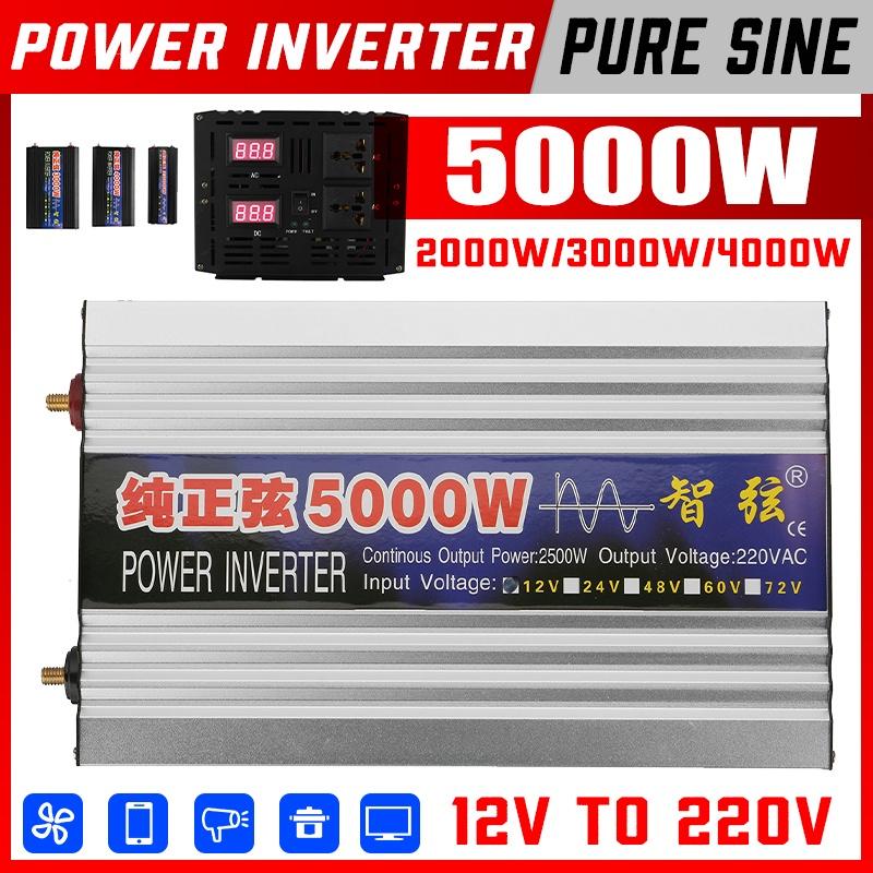 LED Display Car Inverter 12V 220V 2000W 3000W 4000W 5000W DC 12V To AC 220V Pure Sine Wave Voltage Transformer Power Converter Silver/Black