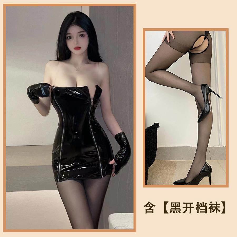 Fun sexy tube top zipper backless shapewear leather skirt passion uniform seduction game patent leather