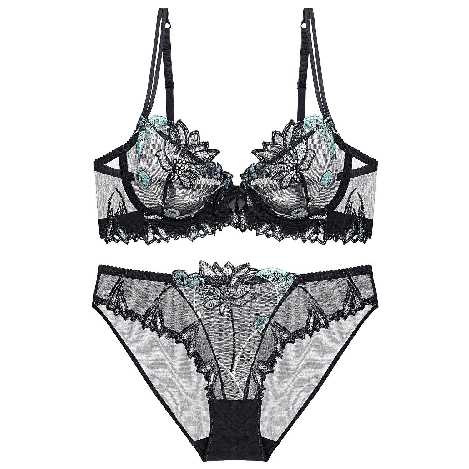 

Sexy Lace Cherry Embroidery Plus Size Bra Set - Mesh, Ultra-Thin, Large Cup Minimizer. 85D чорний