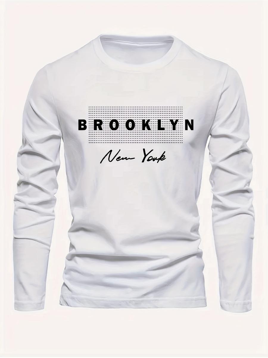 Herren Langarm Rundhals Locker Brooklyn Muster Gedruckt Herbst und Winter Freizeit Vielseitiges T-Shirt Oberteil 100% Reine Baumwolle 3XL white