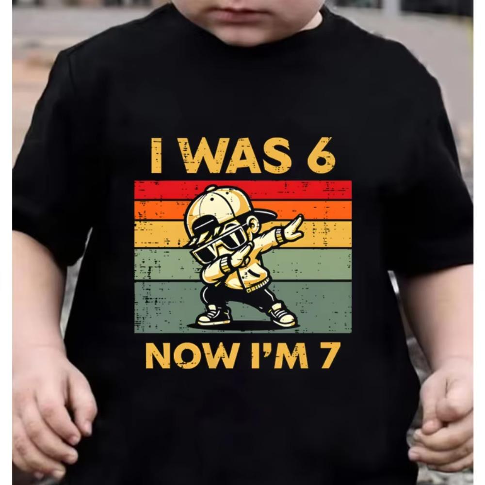 Kids Seven Year Old Cotton T-shirt Tops I Was 6 Now I'm 7 Birthday Funny 7th B-day Gift for Boy 67 Meme Birthday Cotton Tee