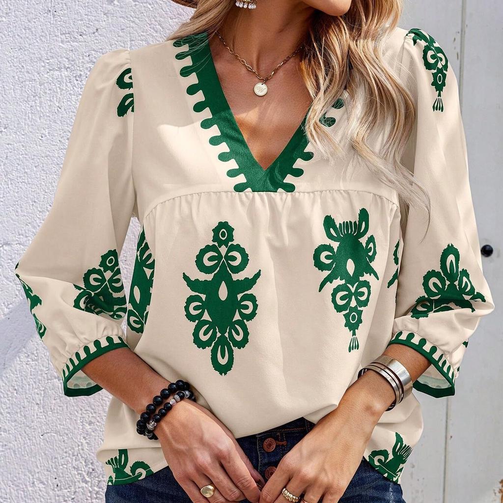 Women's Casual Loose And Fashionable V-Neck Printed Top, Fashionable Top Fashionable Top