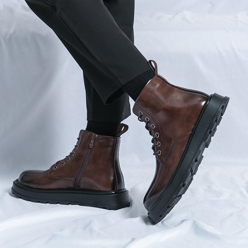 Fashion Luxury Original Motorcycle Boots with Lace Up Round Toe Boots Waterproof and Non Slip Cowboy Boot Formal High Top Leather Shoes