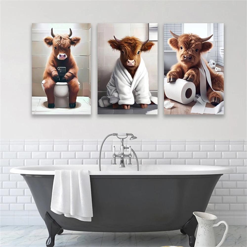 Bagno Mucca delle Highlands Scozzesi Pittura su Tela Decorazione Animali da Fattoria Stampe Umoristiche Stampa su Tela Fantasiosa Arte Decorazione WC Casa