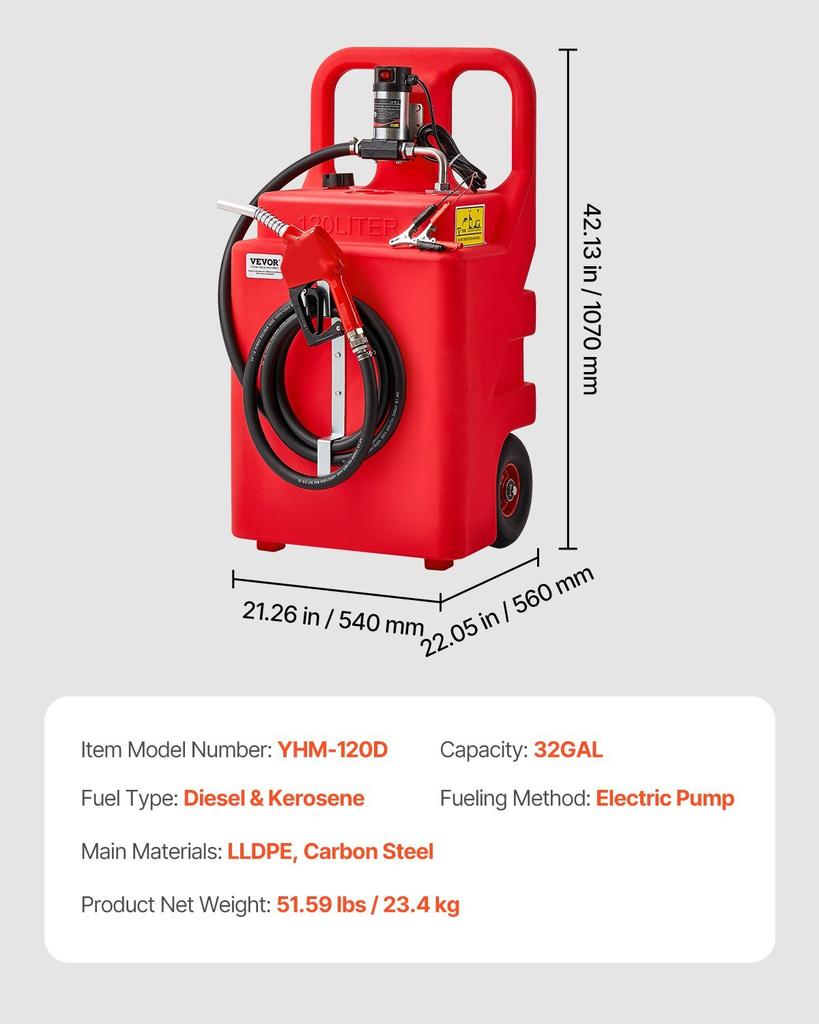 Diesel Overzet Tank, 32 Gallon, Draagbare Kerosine Tank met 12V DC 10 GPM Elektrische Overzetpomp, 13 ft Leveringsslang & Zelfsluitend Mondstuk,