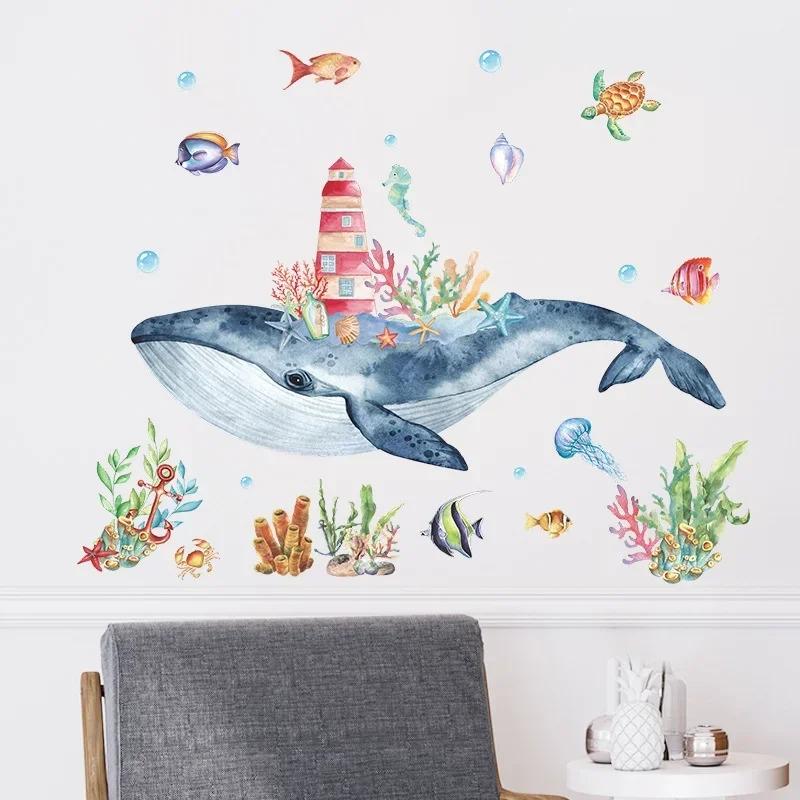 Undersea Whale Wall Stickers for Children Rooms Decor Cartoon Lighthouse PVC Decals Home Decoration Art Murals One Piece