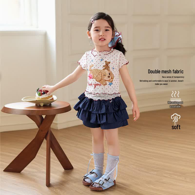 LUSON Girls' Cartoon Mesh Short-Sleeve T-Shirt