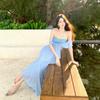 French High-end Blue Neck Tube Top Dress Design Sense Beach Vacation Temperament Hip Skirt Summer