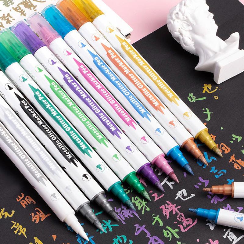 10PCS Brush Fine Nibs Paint Marker Acrylic Acts for DIY Scrapbooking Back To School Dual Tip Metallic Marker Pen MKB02
