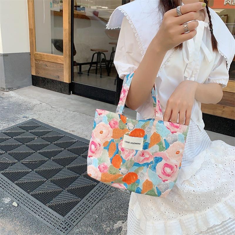 Vintage Oil Painting Flower Handbag Sundries Storage Bag Women's Cute Bento Bag Literary Handbag