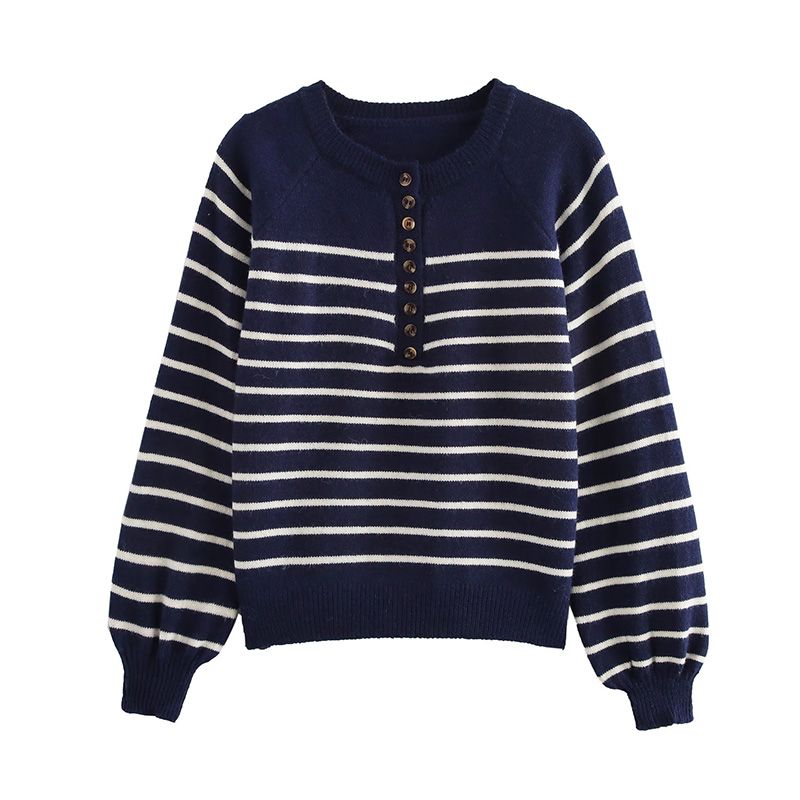 Classic Stripes Henry Collar Knitwear Scandinavian Stylish Retro Button Long Sleeves Loose and Idle Pullover Sweater
