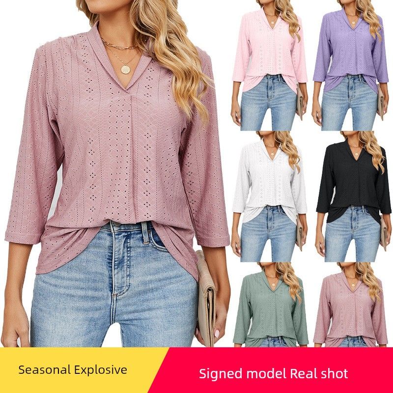 

2025V Collar Jacquard Loose Top, Mid Sleeve Lapel T-shirt Deep Powder XXL