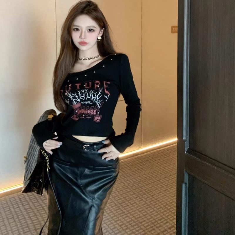 Sexy Women's T-shirts Black White Printed Square Collars Fashion Girls Y2K Tees Lady Tops For Club Party