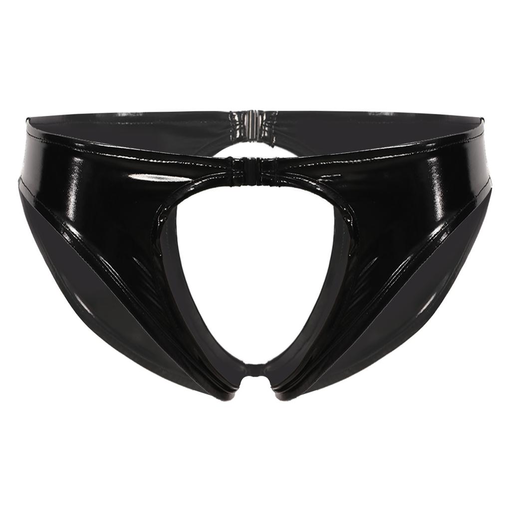 Womens Lingerie Crotchless Thongs Underwear Wet Look Patent Leather Low Waist Sexy Open Butt Briefs Panties Cutout Underpants