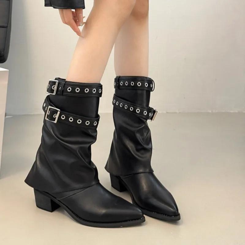 Fashion 2025 New Metal Belt Buckle Block Heel Single Boots Women's Fashion Pointed Toe Sleeve Pleated Mid-Cylinder Stack Boots