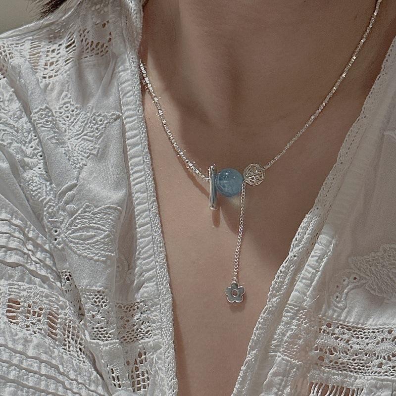 S925 Sterling Silver Niche Design Sense Clear Aquamarine Simple Collarbone Chain Korean Style Retro Flower Necklace