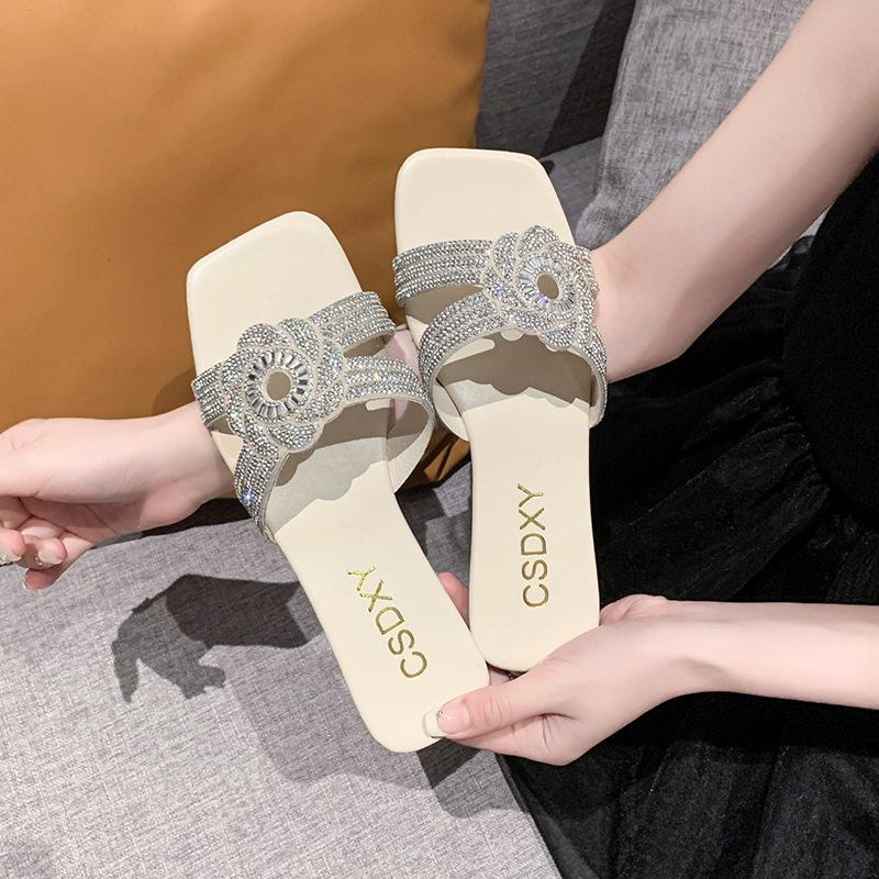 Women's 2024 New Cross-border Foreign Trade Large-size Women's Rhinestone Flat-bottomed Cool Slippers