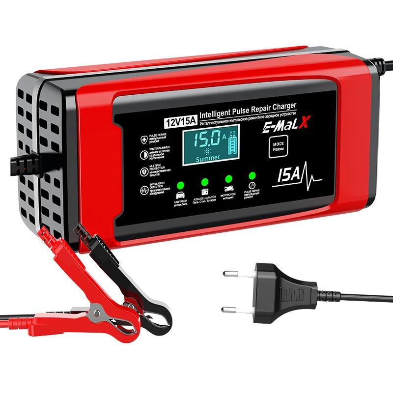 12V 15A Intelligentes Puls-Batterieladegerät 4 Modi Automatisches LiFePO4 AGM-Ladegerät für Autobatterien Motorrad-Wohnmobil-LKW-Batterien EU Plug rot