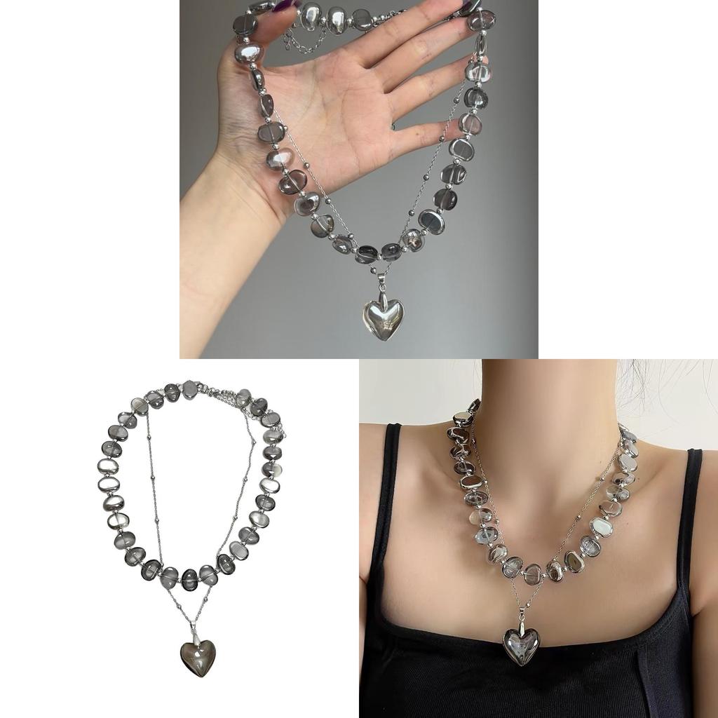 Waterdrop Crystal Beaded Necklace For Women Handmade Heart Pendant Double Layer Jewelry
