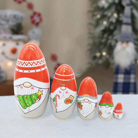 5Pcs/Set Christmas Gnome Russian Nesting Doll 5 Layers Handmade Wooden Matryoshka Santa Dwarf Elf Stacking Toy Desktop Figurine Decoration