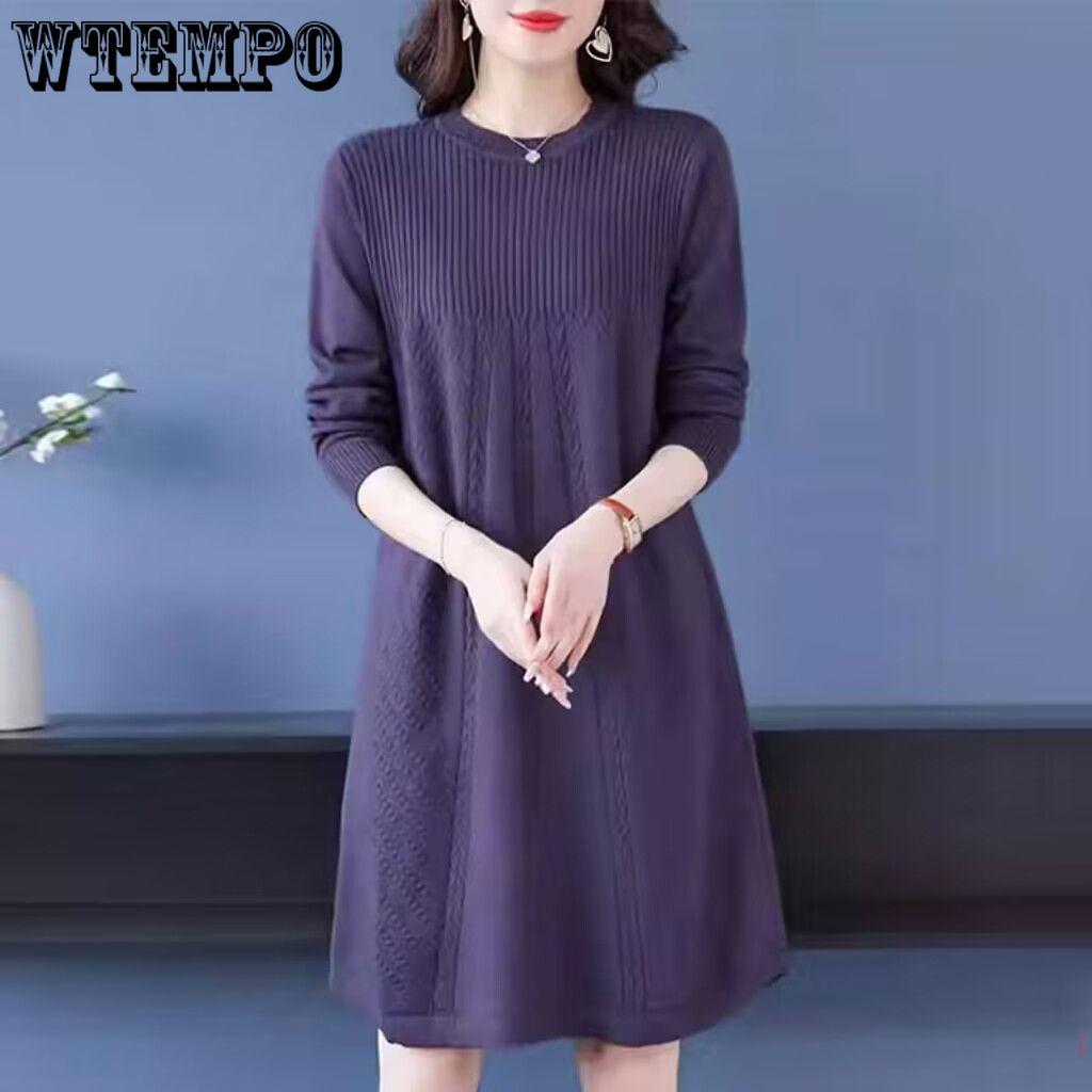 Korean-style Loose Mid-length Pullover for Women Spring Autumn and Winter Knitted Dress Solid Color Casual Sweater