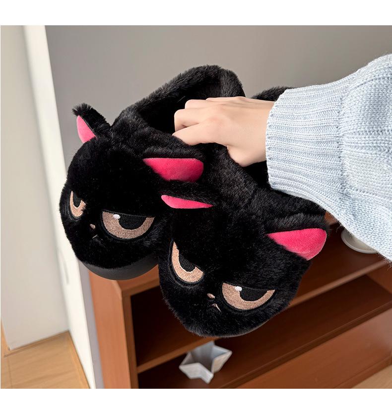 Women's & Men's Cute Black Cat Cotton Plush Home Slippers - Warm Closed-Toe Postpartum Shoes