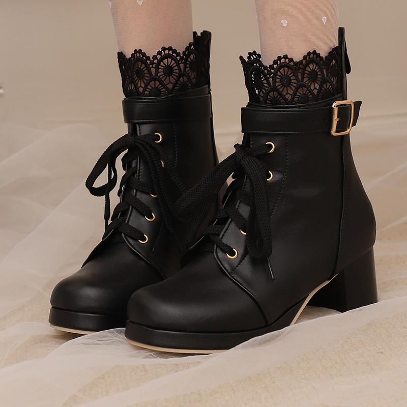 Ankle Boots for Women Lolitas Autumn Winter 2024 Black White Short Boot Low Heels Footwear Shoes Ladies Waterproof Large Size
